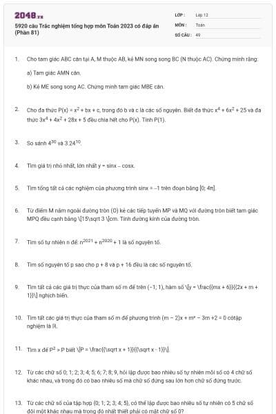 5920 câu Trắc nghiệm tổng hợp môn Toán 2023 có đáp án (Phần 81)