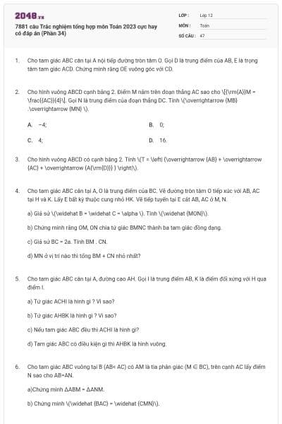 7881 câu  Trắc nghiệm tổng hợp môn Toán 2023 cực hay có đáp án (Phần 34)