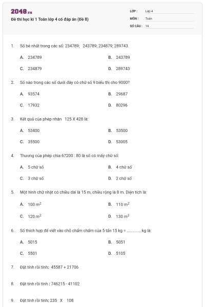 Đề thi học kì 1 Toán lớp 4 có đáp án (Đề 8)