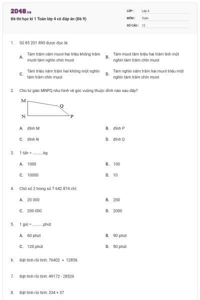 Đề thi học kì 1 Toán lớp 4 có đáp án (Đề 9)