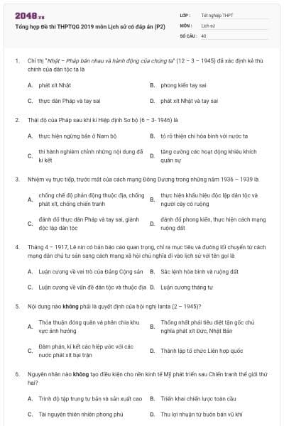Tổng hợp Đề thi THPTQG 2019 môn Lịch sử có đáp án (P2)
