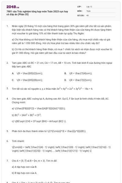 7881 câu Trắc nghiệm tổng hợp môn Toán 2023 cực hay có đáp án (Phần 35)