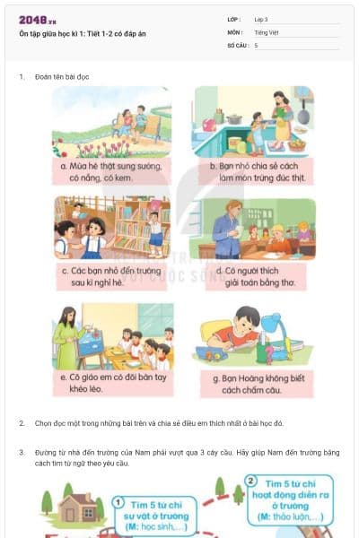 Ôn tập giữa học kì 1: Tiết 1-2 có đáp án