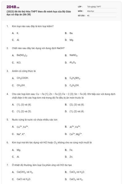 (2023) Đề thi thử Hóa THPT theo đề minh họa của Bộ Giáo dục có đáp án (Đề 38)