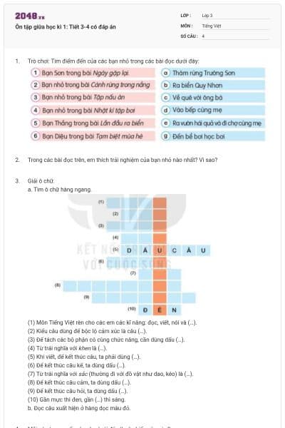 Ôn tập giữa học kì 1: Tiết 3-4 có đáp án
