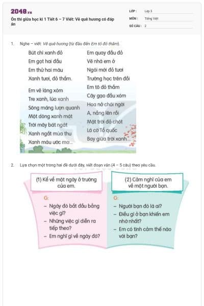 Ôn thi giữa học kì 1 Tiết 6 – 7 Viết: Vẽ quê hương  có đáp án