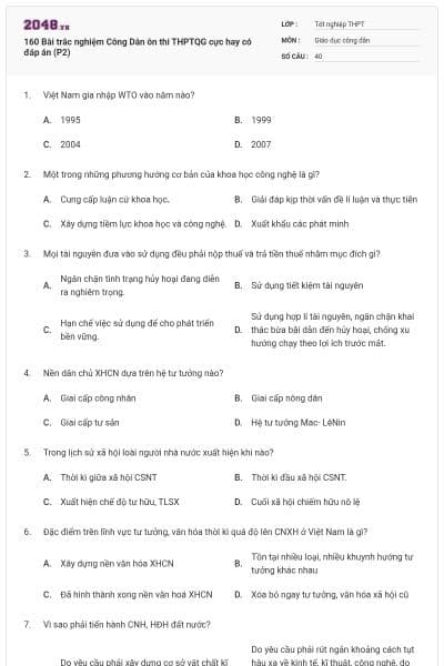 160 Bài trắc nghiệm Công Dân ôn thi THPTQG cực hay có đáp án (P2)