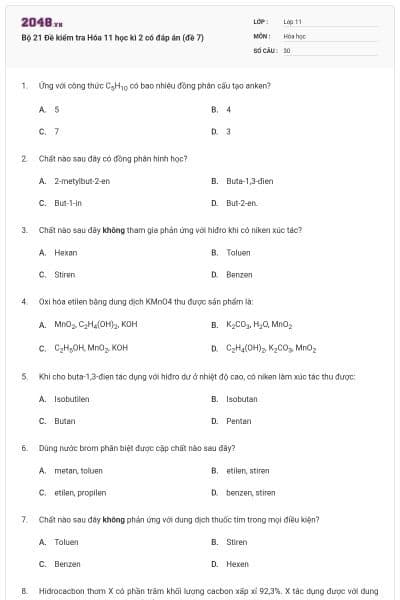 Bộ 21 Đề kiểm tra Hóa 11 học kì 2 có đáp án (đề 7)