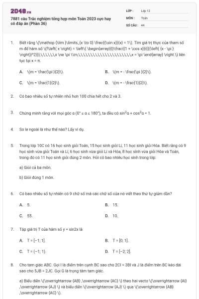 7881 câu  Trắc nghiệm tổng hợp môn Toán 2023 cực hay có đáp án (Phần 36)