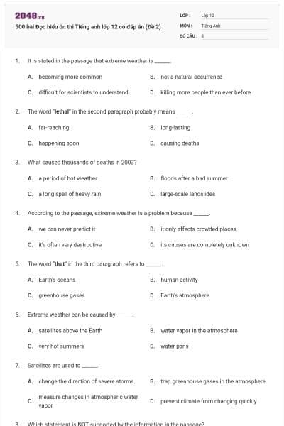 500 bài Đọc hiểu ôn thi Tiếng anh lớp 12 có đáp án (Đề 2)