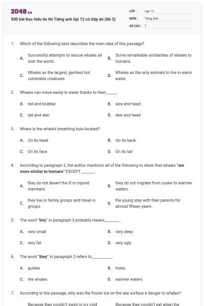 500 bài Đọc hiểu ôn thi Tiếng anh lớp 12 có đáp án (Đề 3)