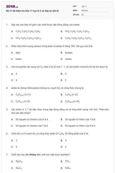 Bộ 21 Đề kiểm tra Hóa 11 học kì 2 có đáp án (đề 8)