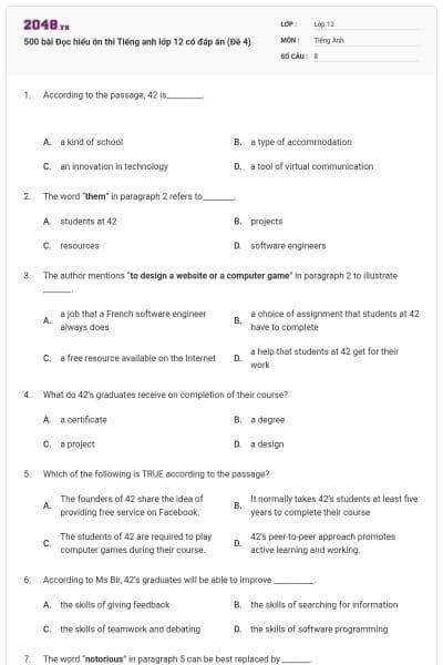 500 bài Đọc hiểu ôn thi Tiếng anh lớp 12 có đáp án (Đề 4)