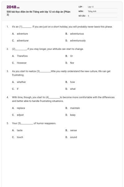 500 bài Đọc điền ôn thi Tiếng anh lớp 12 có đáp án (Phần 3)