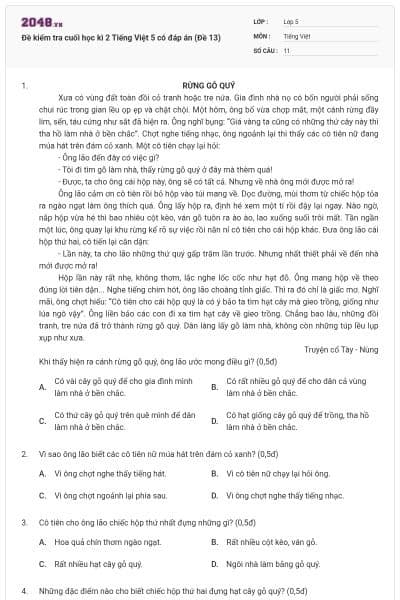 Đề kiểm tra cuối học kì 2 Tiếng Việt 5 có đáp án (Đề 13)