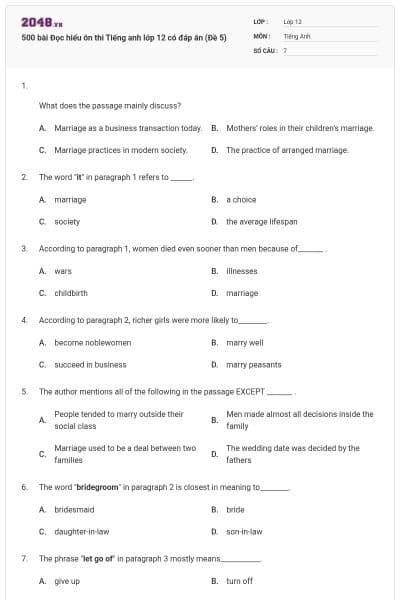 500 bài Đọc hiểu ôn thi Tiếng anh lớp 12 có đáp án (Đề 5)