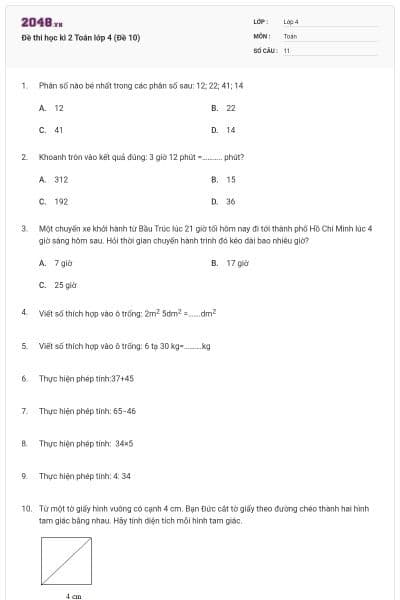 Đề thi học kì 2 Toán lớp 4 (Đề 10)