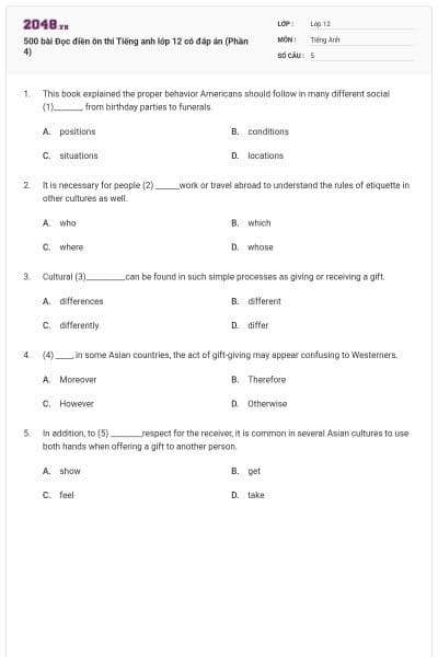 500 bài Đọc điền ôn thi Tiếng anh lớp 12 có đáp án (Phần 4)