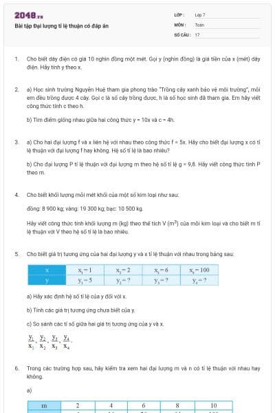 Bài tập Đại lượng tỉ lệ thuận có đáp án