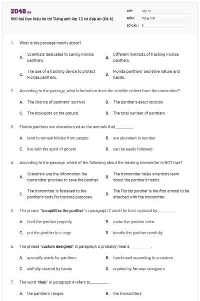 500 bài Đọc hiểu ôn thi Tiếng anh lớp 12 có đáp án (Đề 6)