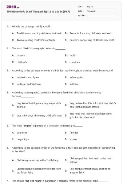 500 bài Đọc hiểu ôn thi Tiếng anh lớp 12 có đáp án (Đề 7)