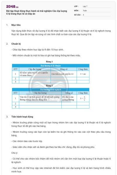 Bài tập Hoạt động thực hành và trải nghiệm Các đại lượng tỉ lệ trong thực tế có đáp án