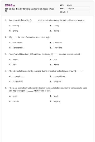 500 bài Đọc điền ôn thi Tiếng anh lớp 12 có đáp án (Phần 5)