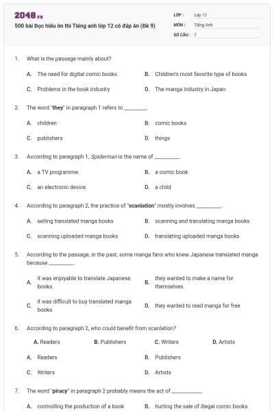 500 bài Đọc hiểu ôn thi Tiếng anh lớp 12 có đáp án (Đề 9)