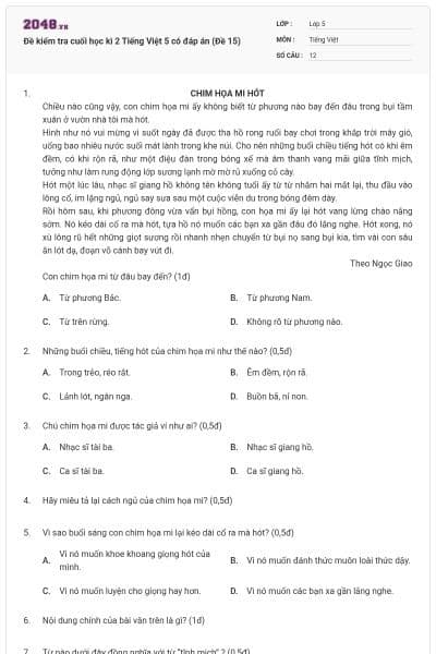 Đề kiểm tra cuối học kì 2 Tiếng Việt 5 có đáp án (Đề 15)