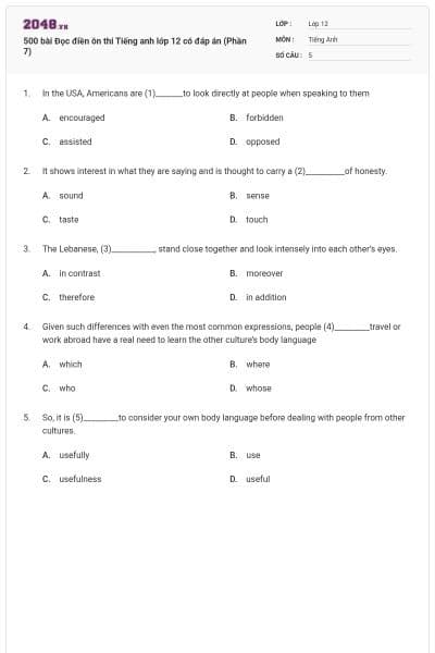 500 bài Đọc điền ôn thi Tiếng anh lớp 12 có đáp án (Phần 7)