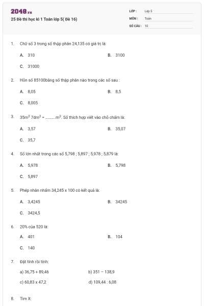 25 Đề thi học kì 1 Toán lớp 5( Đề 16)