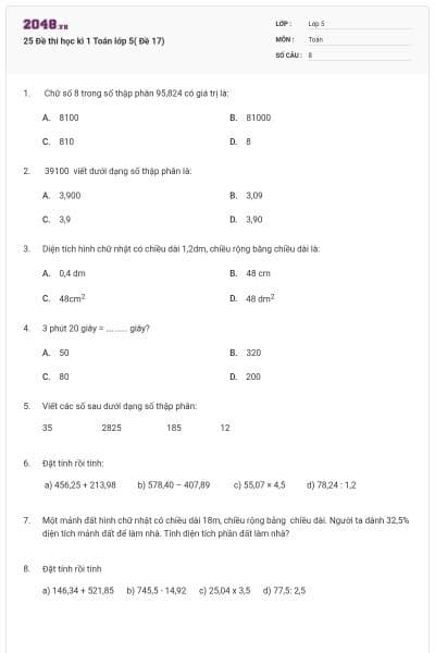 25 Đề thi học kì 1 Toán lớp 5( Đề 17)