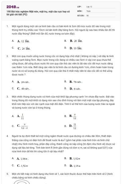 190 Bài trắc nghiệm Mặt nón, mặt trụ, mặt cầu cực hay có lời giải chi tiết (P2)