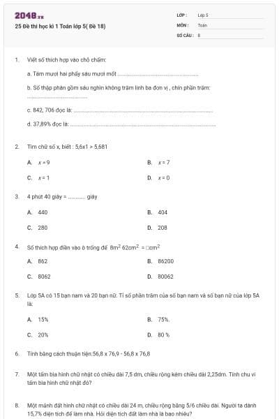 25 Đề thi học kì 1 Toán lớp 5( Đề 18)