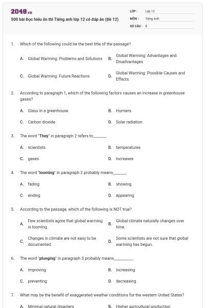 500 bài Đọc hiểu ôn thi Tiếng anh lớp 12 có đáp án (Đề 12)