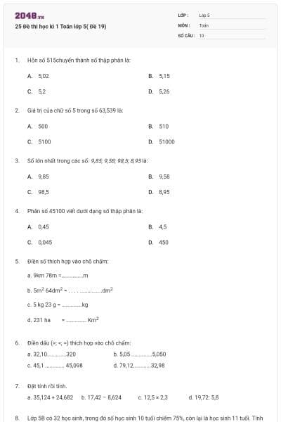 25 Đề thi học kì 1 Toán lớp 5( Đề 19)