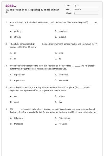 500 bài Đọc điền ôn thi Tiếng anh lớp 12 có đáp án (Phần 8)