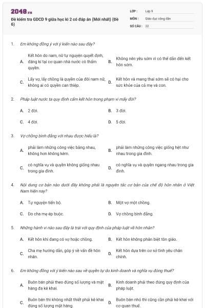 Đề kiểm tra GDCD 9 giữa học kì 2 có đáp án (Mới nhất) (Đề 6)
