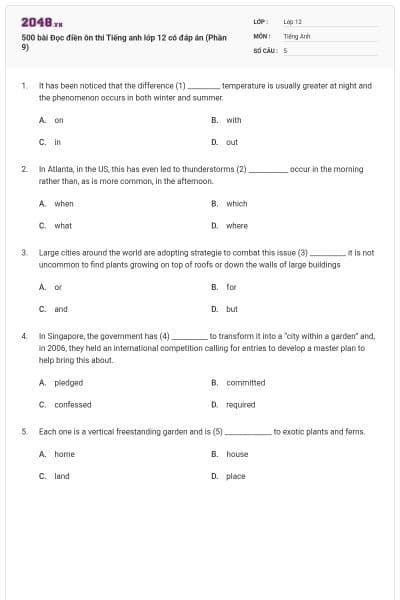 500 bài Đọc điền ôn thi Tiếng anh lớp 12 có đáp án (Phần 9)