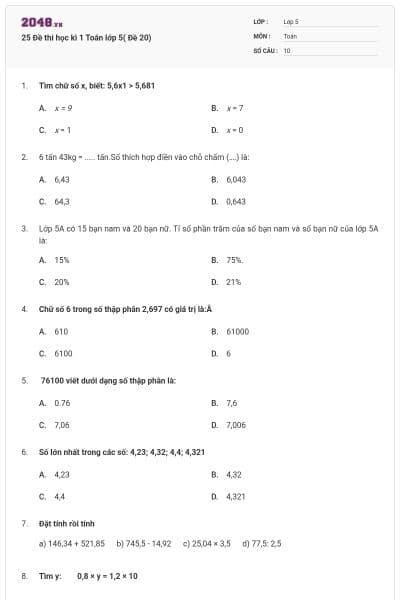 25 Đề thi học kì 1 Toán lớp 5( Đề 20)