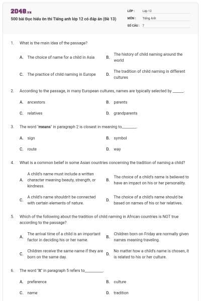 500 bài Đọc hiểu ôn thi Tiếng anh lớp 12 có đáp án (Đề 13)