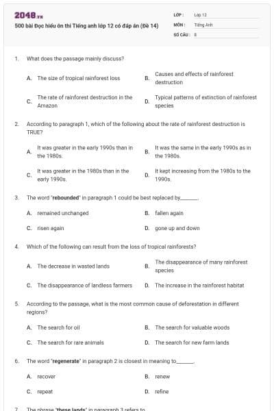 500 bài Đọc hiểu ôn thi Tiếng anh lớp 12 có đáp án (Đề 14)