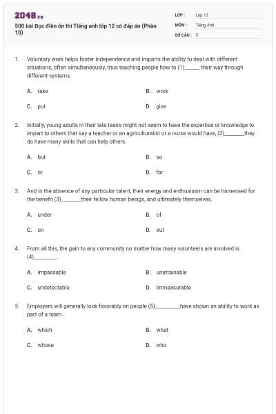 500 bài Đọc điền ôn thi Tiếng anh lớp 12 có đáp án (Phần 10)