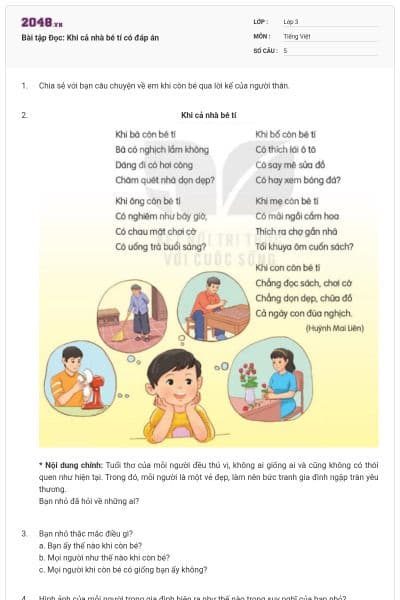 Bài tập Đọc: Khi cả nhà bé tí có đáp án