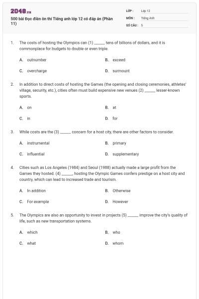 500 bài Đọc điền ôn thi Tiếng anh lớp 12 có đáp án (Phần 11)