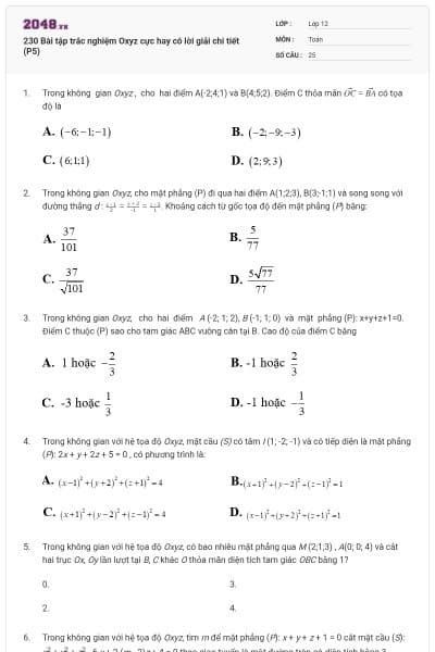 230 Bài tập trắc nghiệm Oxyz cực hay có lời giải chi tiết (P5)