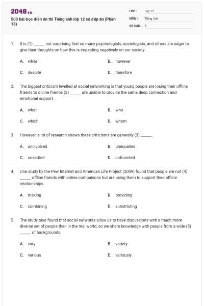 500 bài Đọc điền ôn thi Tiếng anh lớp 12 có đáp án (Phần 13)