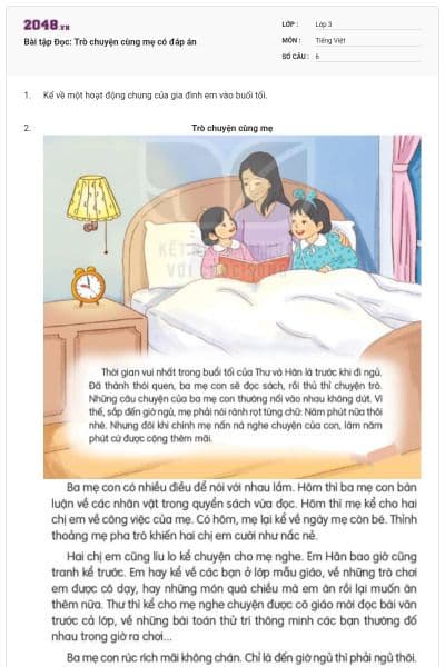 Bài tập Đọc: Trò chuyện cùng mẹ có đáp án