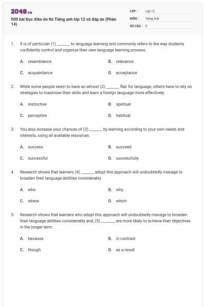 500 bài Đọc điền ôn thi Tiếng anh lớp 12 có đáp án (Phần 14)