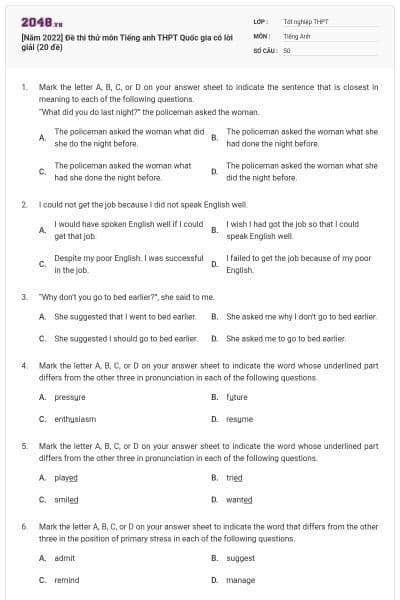 [Năm 2022] Đề thi thử môn Tiếng anh THPT Quốc gia có lời giải (20 đề)